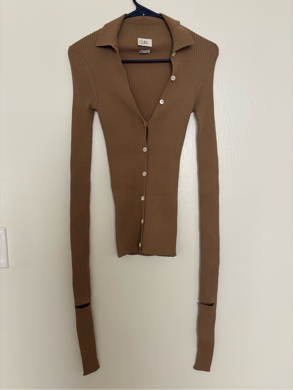 QUIRA Brown Ribbed Button-Down Slim Cardigan